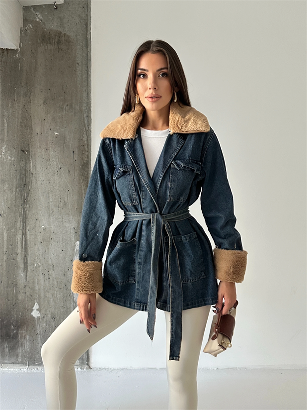 Yakası Kürklü Denim Ceket - Lacivert