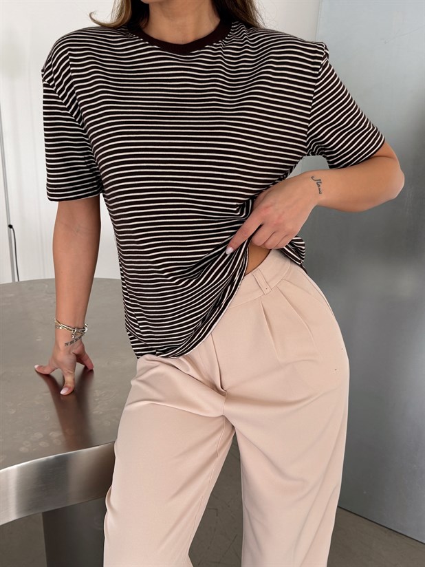 Çizgili Kısa Kol Basic - Kahve