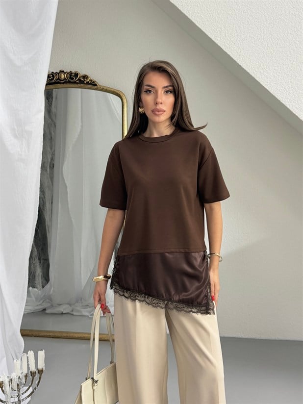 Altı Saten Dantel Basic - Kahve