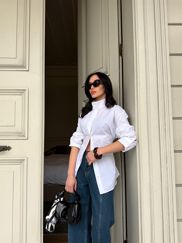 Hakim Yaka Bağlamalı Gömlek - Beyaz