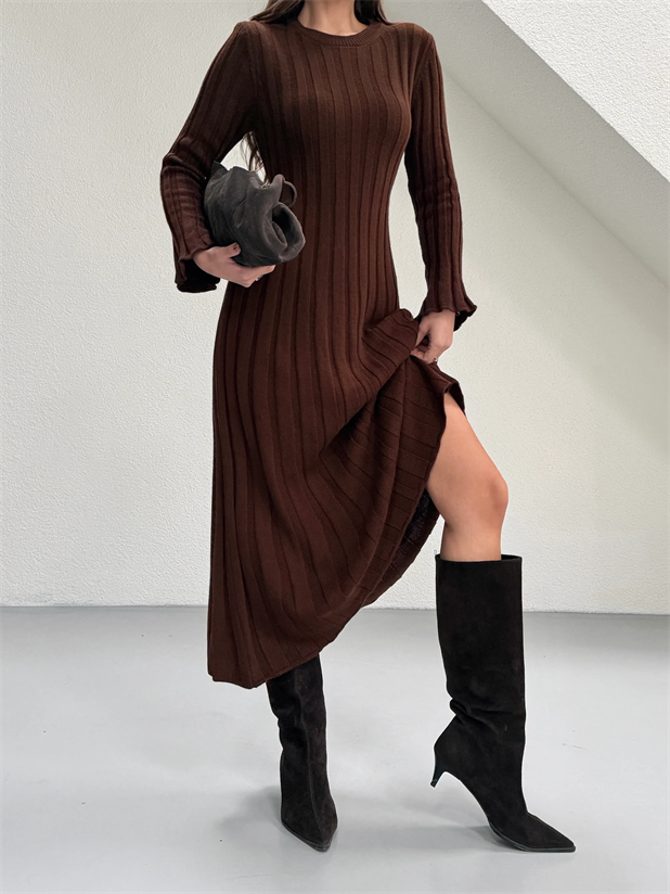 Bağlamalı Fitilli Triko Elbise - Kahve