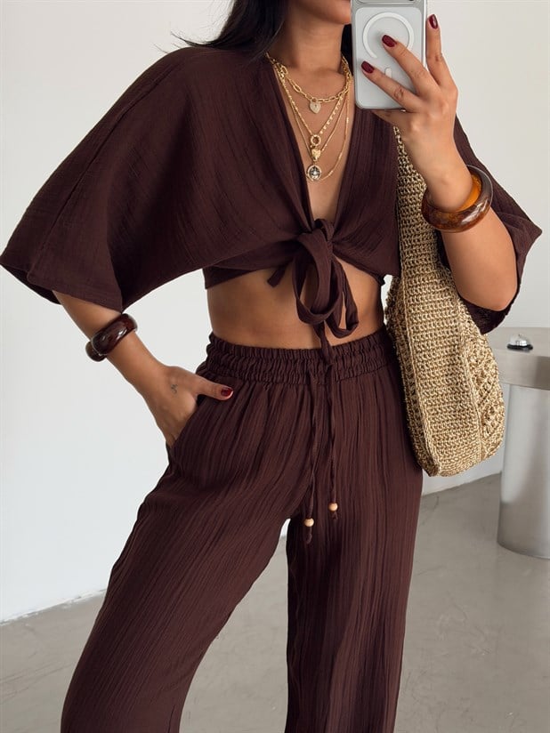 Bağlamalı Müslin Kimono Bluz - Kahve
