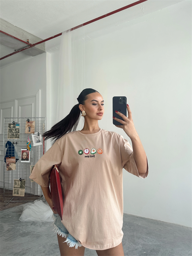 Fruit Nakış Basic T-shirt Vizon - Vizon