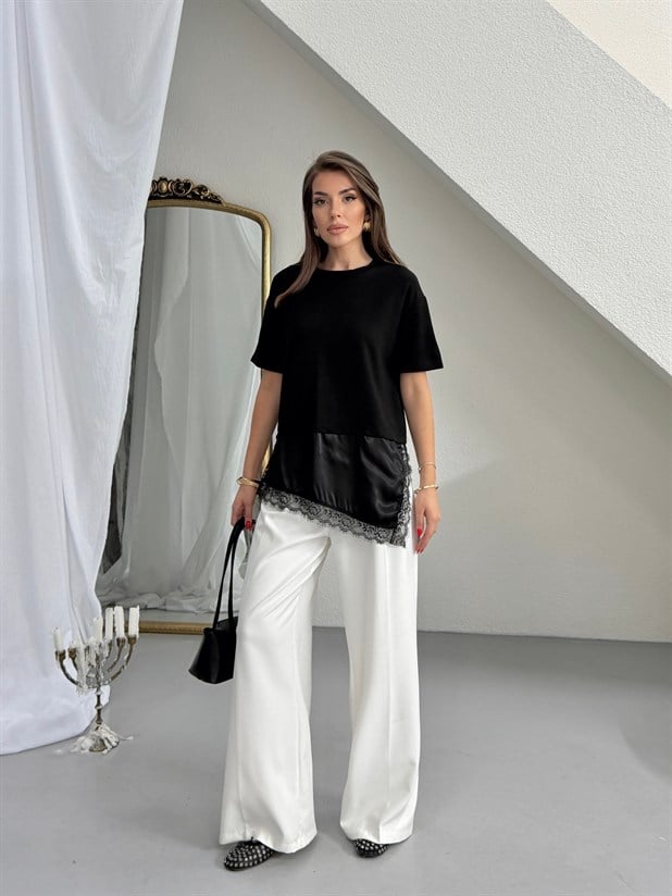 Altı Saten Dantel Basic - Siyah