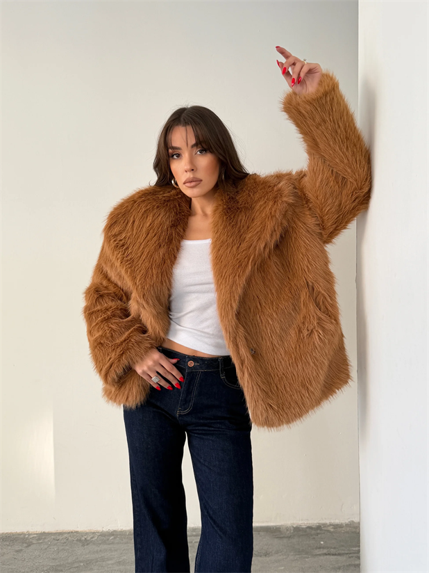 Çıtçıtlı Suni Kürk Ceket - Taba