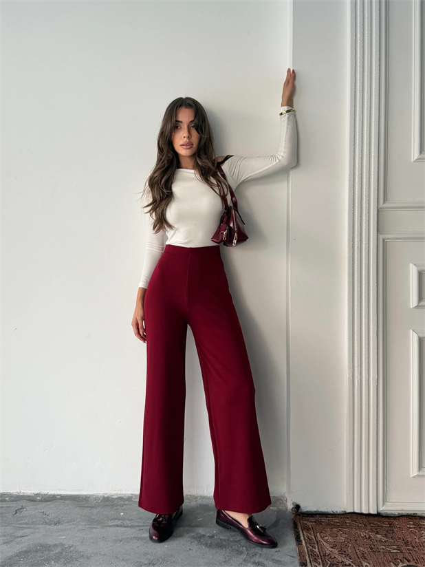 Bel İçten Lastik Kumaş Pantolon  - Bordo