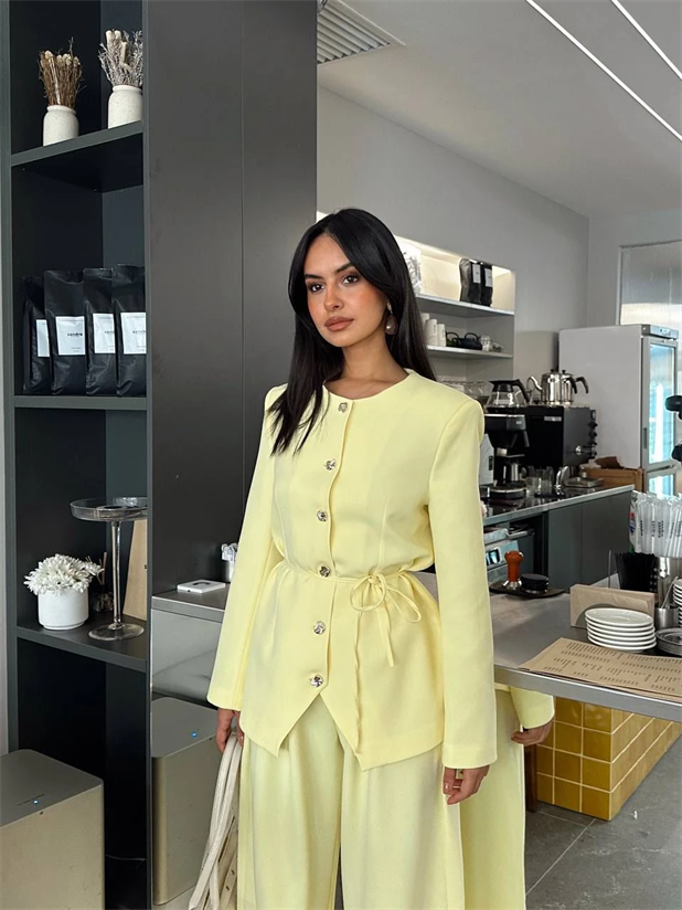 Belden Bağlamalı Bisiklet Yaka Ceket  - Limon Sarısı