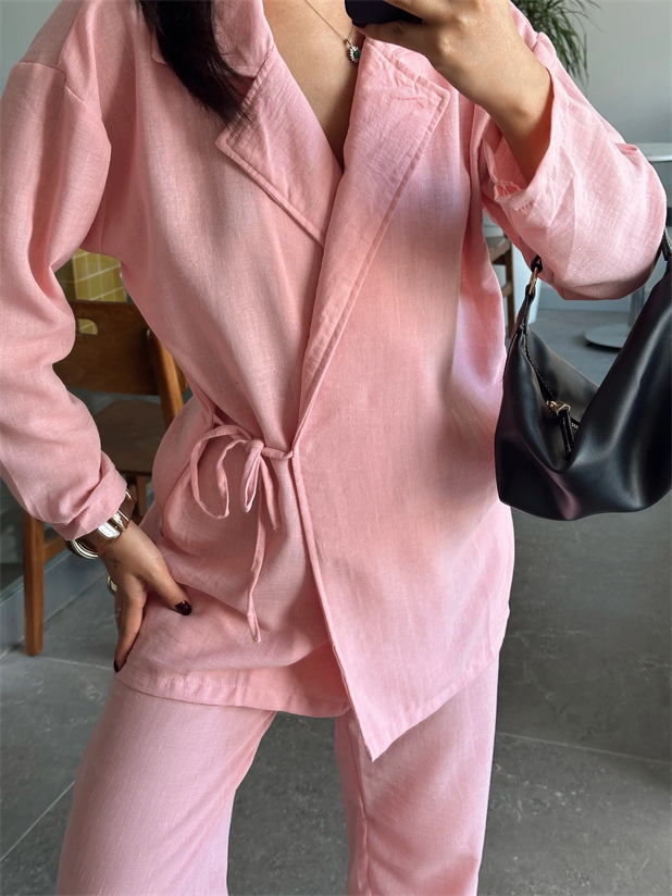 Kruvaze Yaka Bel Bağlamalı Keten Takım - Pembe