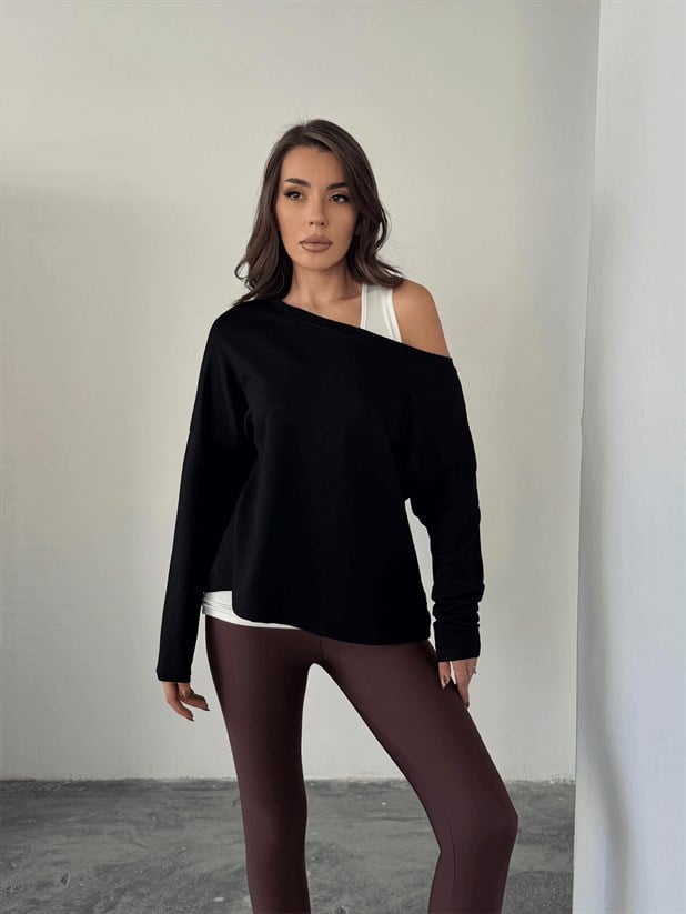 Düşük Omuz Atletli Bluz - Siyah
