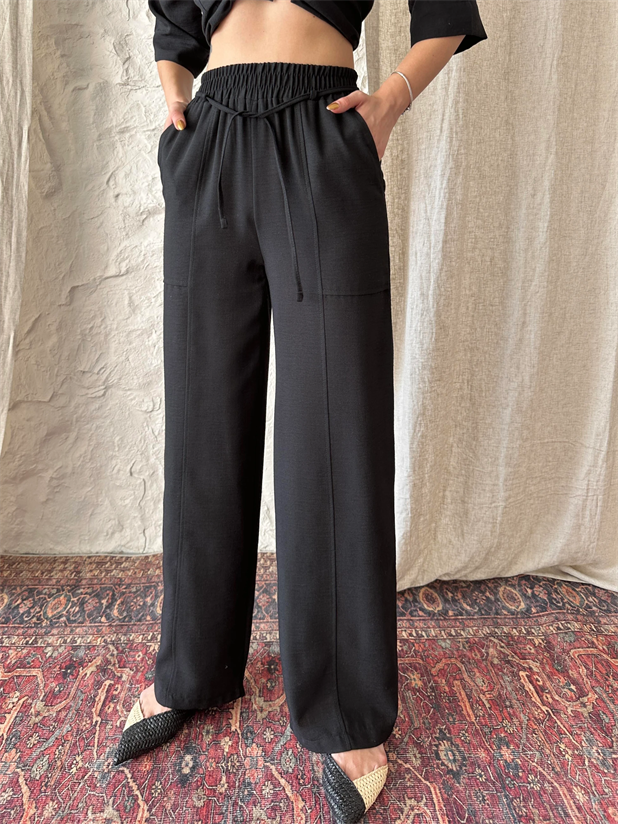 Belina Keten Bel Detay Pantolon Siyah - Siyah