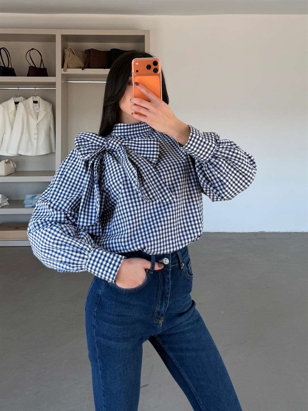 Bağlama Detaylı Poplin Bluz - Mavi