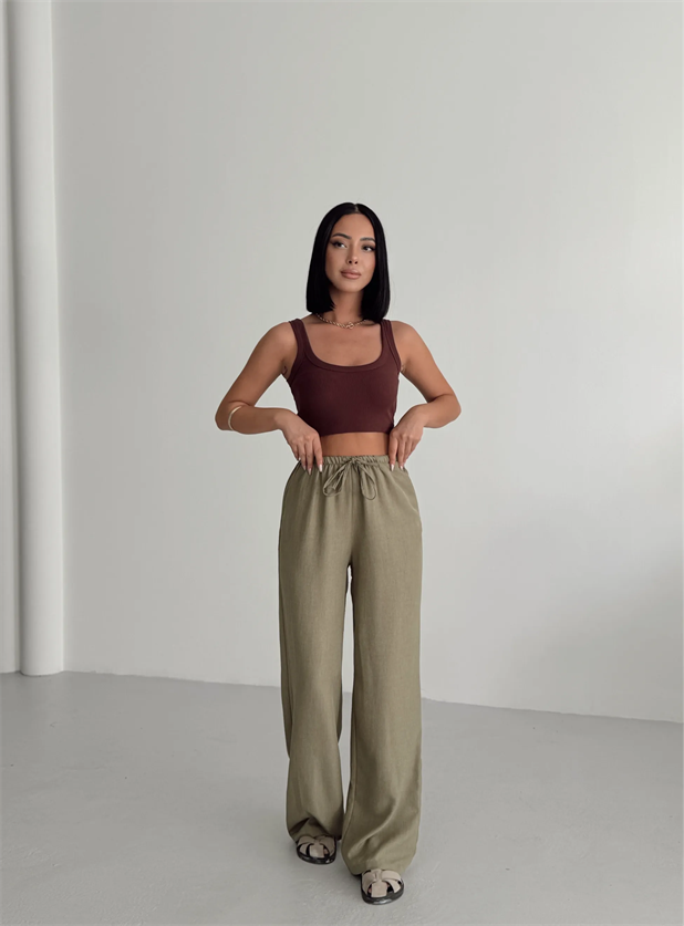Beli İnce Lastikli Keten Palazzo - Haki