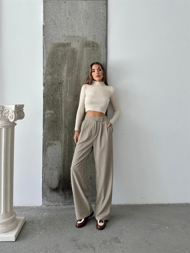 Cırtlı Bel Lastik Pantolon - Ekru