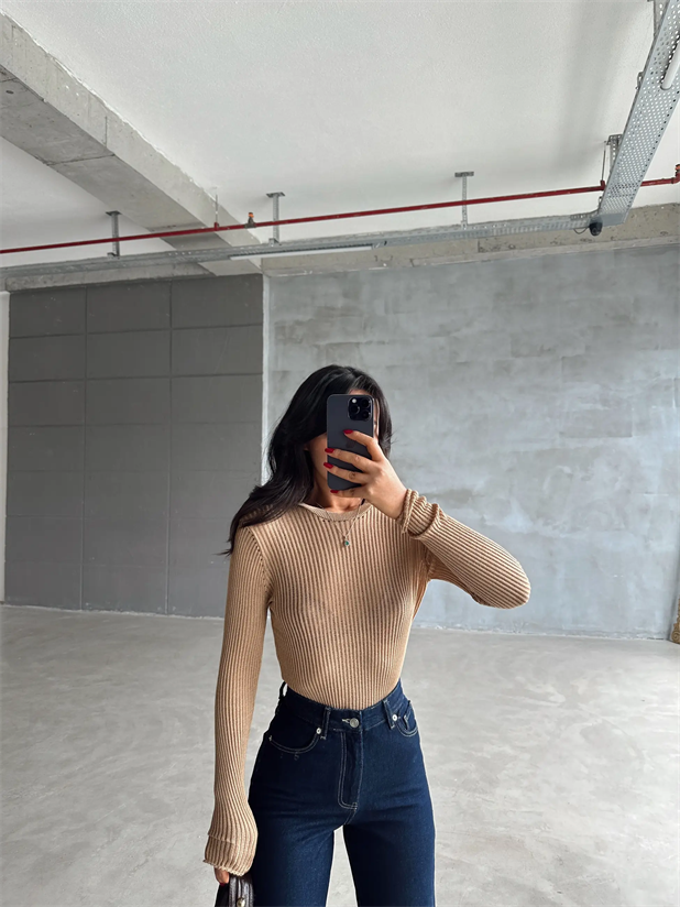 Arya Bisiklet Yaka Basic Triko Vizon - Vizon