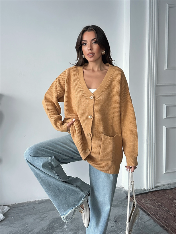 Çift Cepli Kemik Düğme Triko Hırka Hardal - Hardal