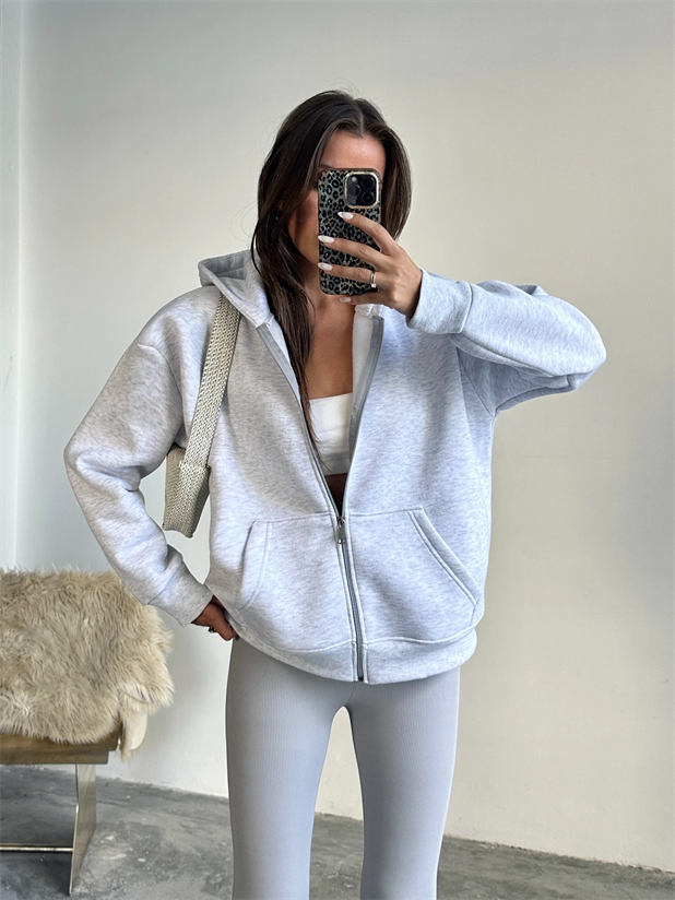 Fermuarlı Cepli Sweat - Gri