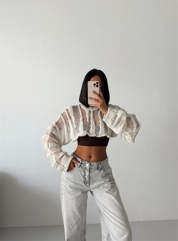 Ajurlu Crop Triko - Krem