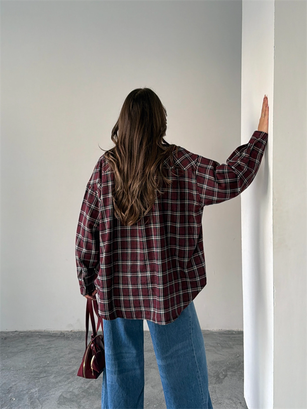 Kareli Oversize Gömlek - Bordo