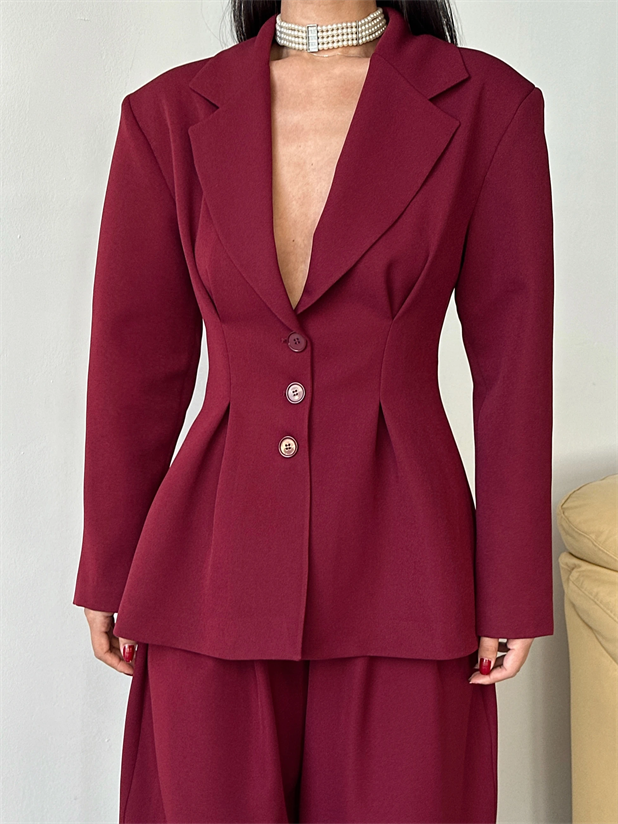 Pile Detay Oturtmalı Blazer Ceket  - Bordo