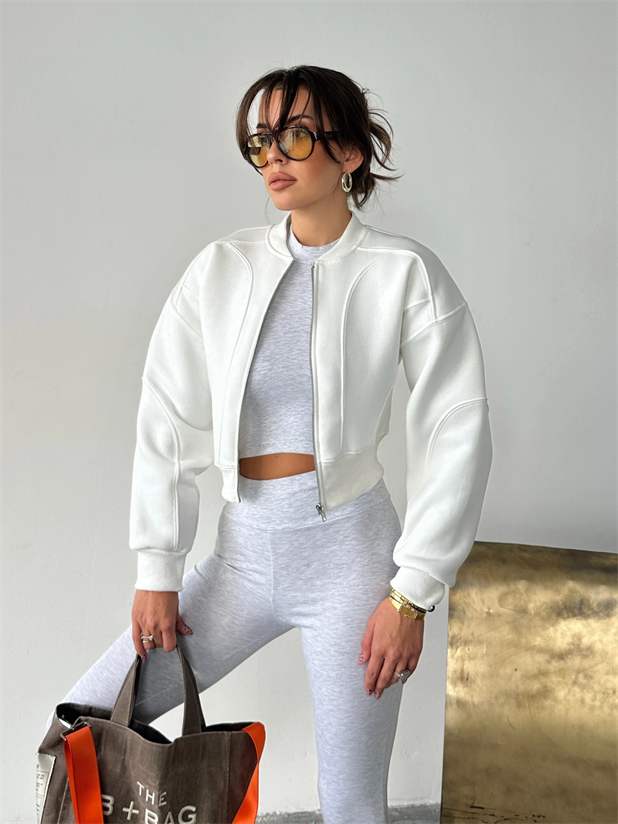 Bisiklet Yaka Fermuarlı Hırka - Beyaz