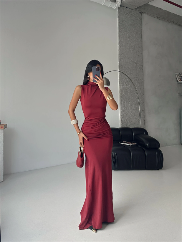 Kolsuz Drapeli Maxi Elbise - Bordo