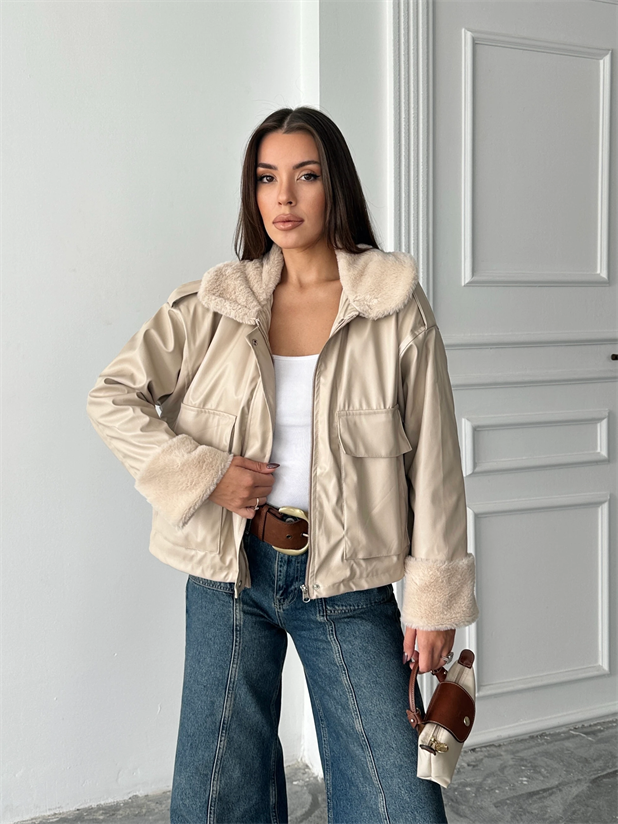 Kürklü Deri Mont - Taş