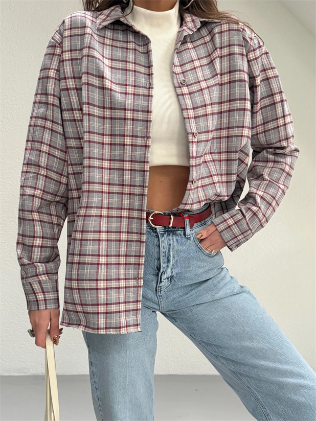 Kareli Oversize Gömlek - Gri