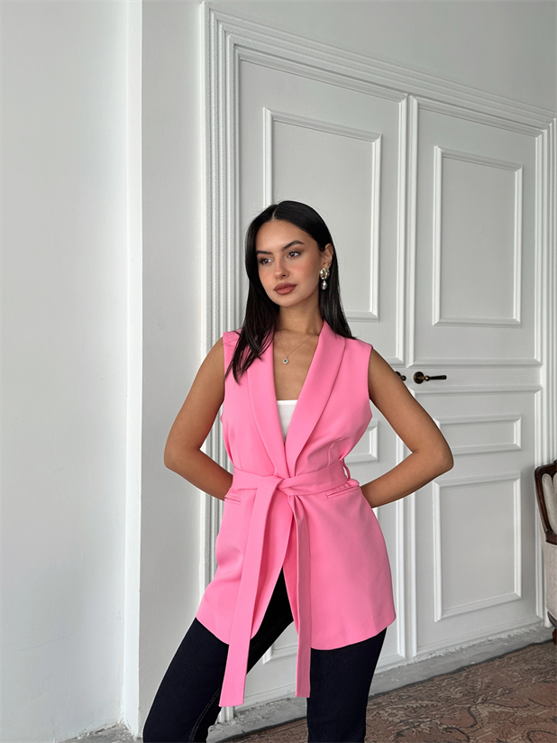 Bağlamalı Blazer Yelek  - Pembe