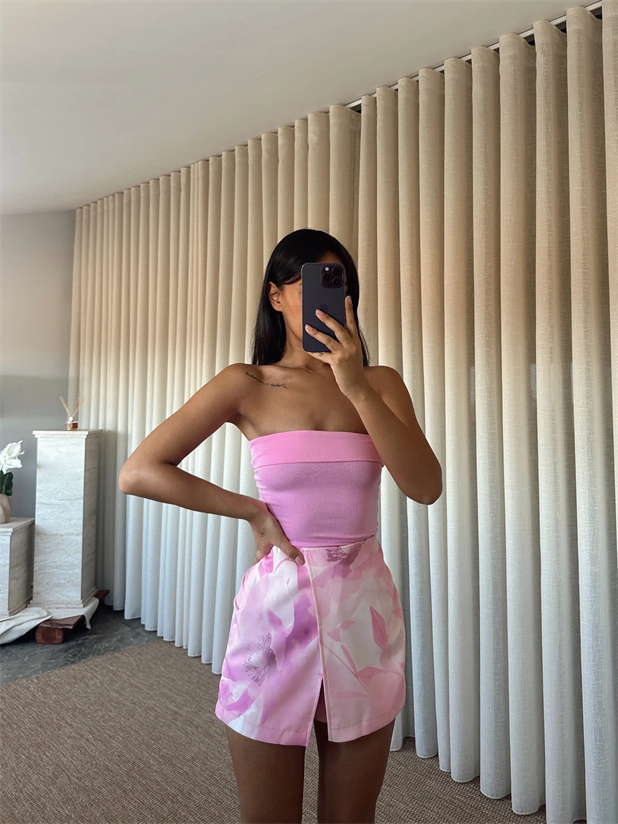 Çiçek Baskılı Mini Şort Etek - Pembe