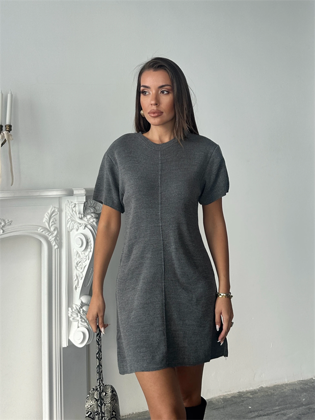 İnterlok Kumaş Kısa Kol Elbise - Gri