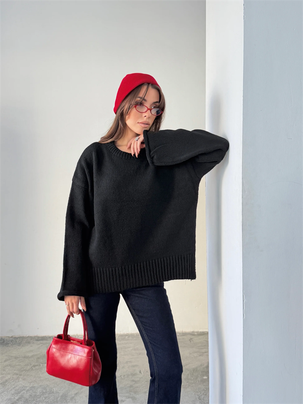 Yırtmaçlı Basic Triko  - Siyah