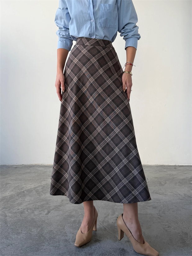 Kloş Ekoseli Etek - Kahve