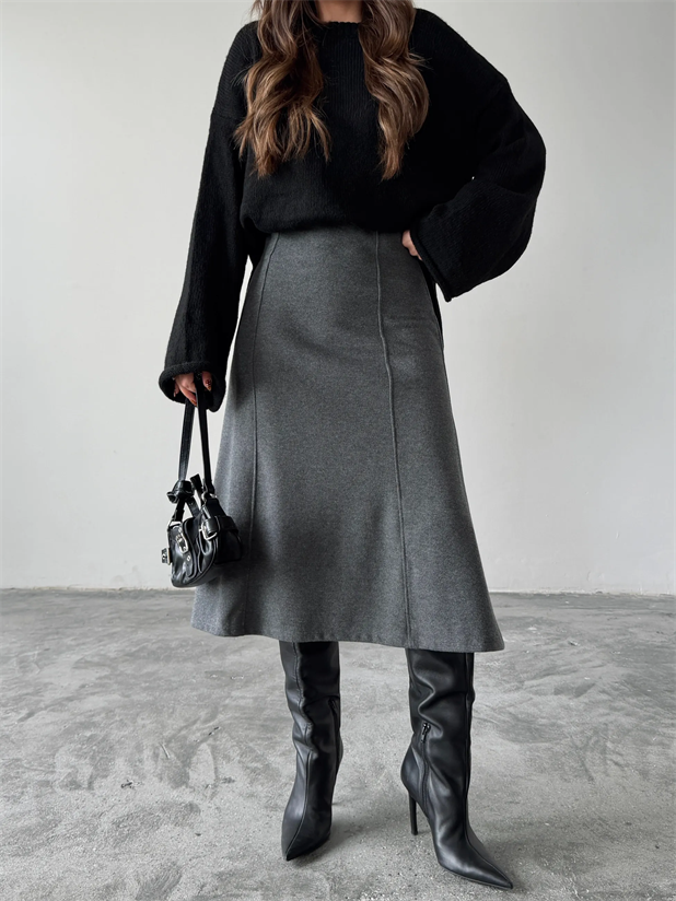 Yanları Çımalı Midi Etek - Antrasit