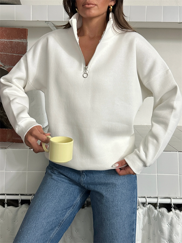 Yarım Fermuarlı Sweat - Beyaz
