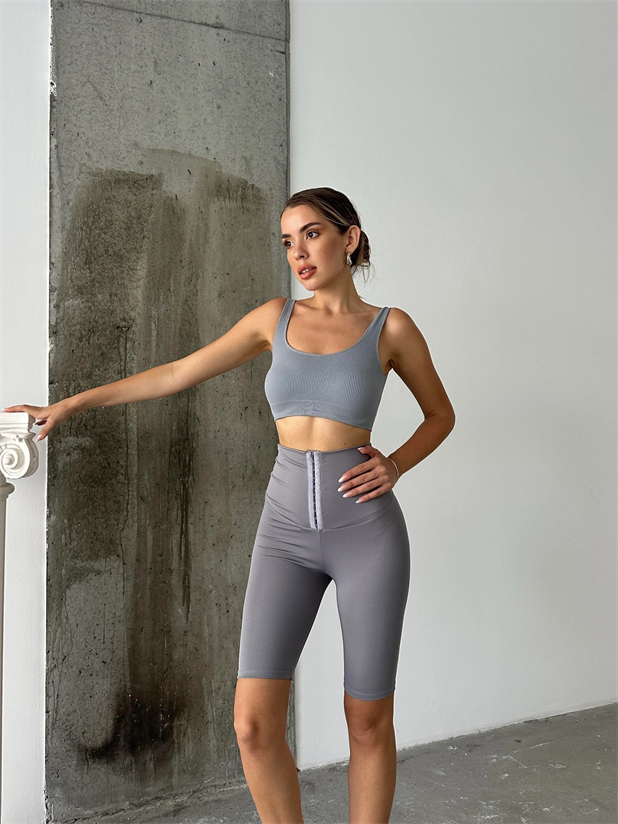 Korse Detay Toparlayıcı Biker Tayt Gri - Gri