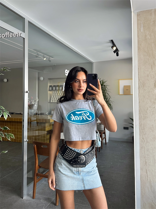 Freak Baskılı Crop Basic - Gri