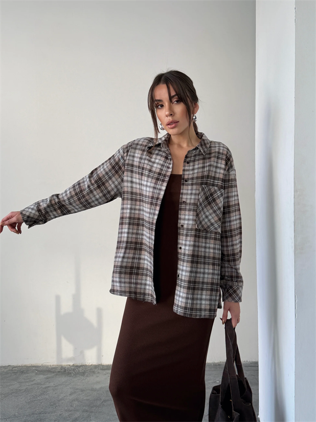 Tek Cep Ekose Gömlek - Bej