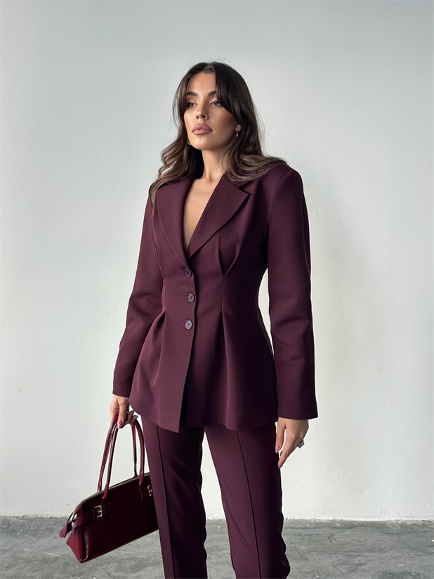 Pile Detay Oturtmalı Blazer Ceket  - Mürdüm