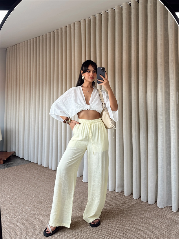 Astarlı Bol Paça Pantolon - Sarı