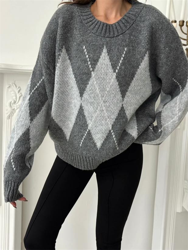 Oversize Baklava Desenli Kazak - Gri