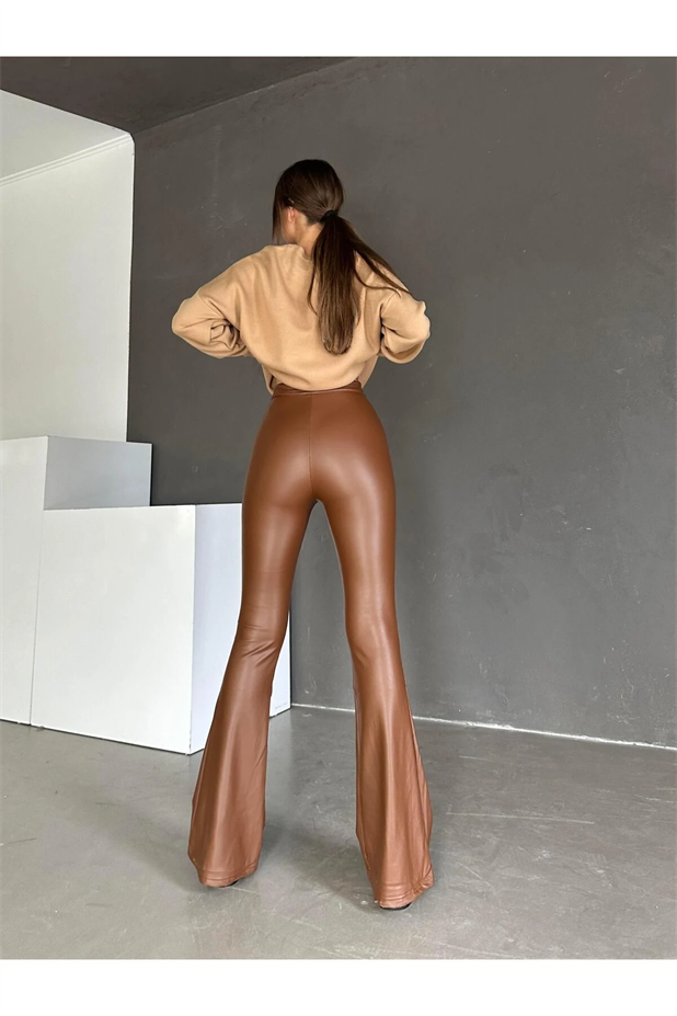 Çift Düğme Deri İspanyol Paça Pantolon Taba - Taba