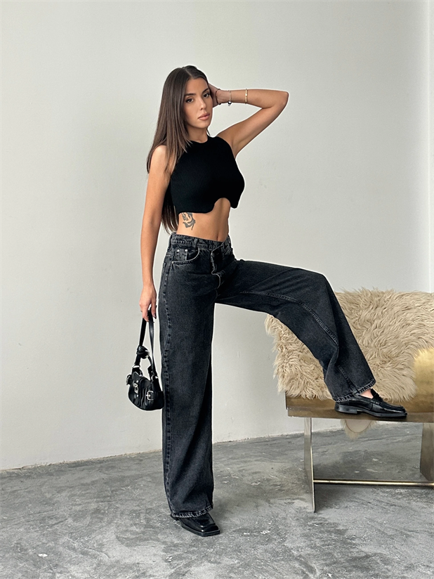 Çift Düğmeli Eskitme Palazzo Jean - Siyah