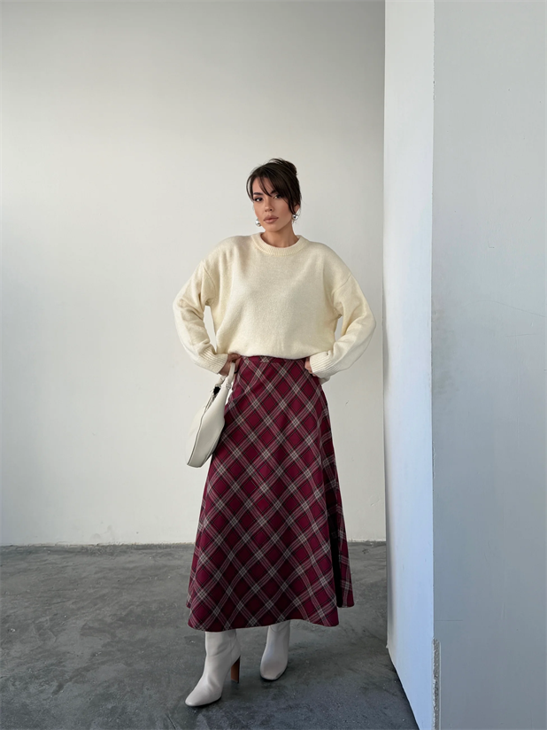 Kloş Ekoseli Etek - Bordo