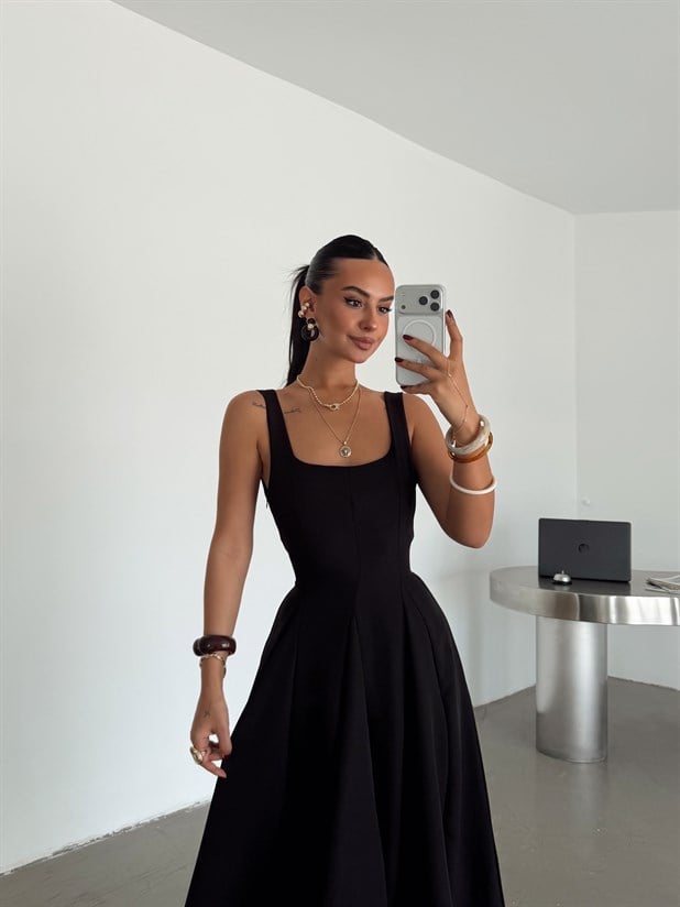 Bağcık Detay Midi Elbise - Siyah