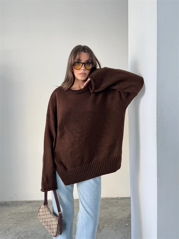 Yırtmaçlı Basic Triko  - Acı kahve