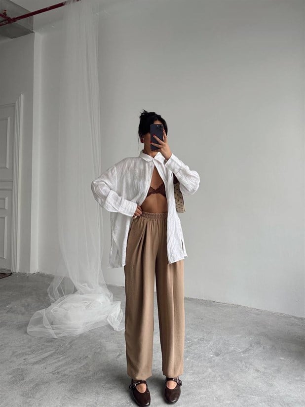 Beli Lastikli Şalvar Pantolon - Vizon