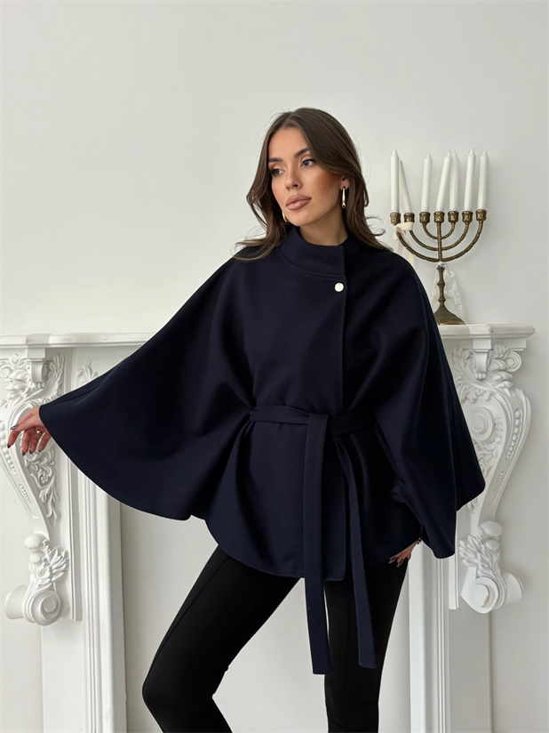 Kaşe Kuşaklı Pelerin Kaban - Lacivert