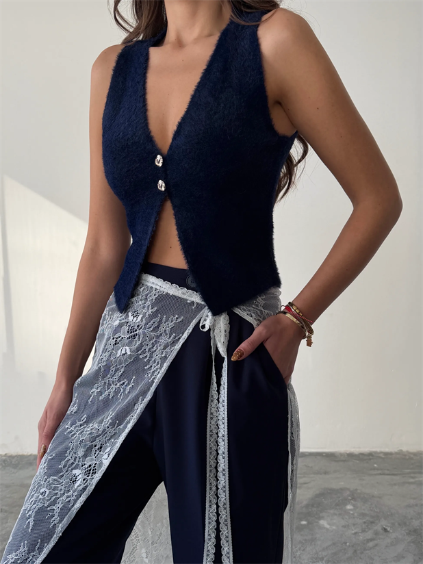 İki Düğmeli Yumoş Yelek - Lacivert