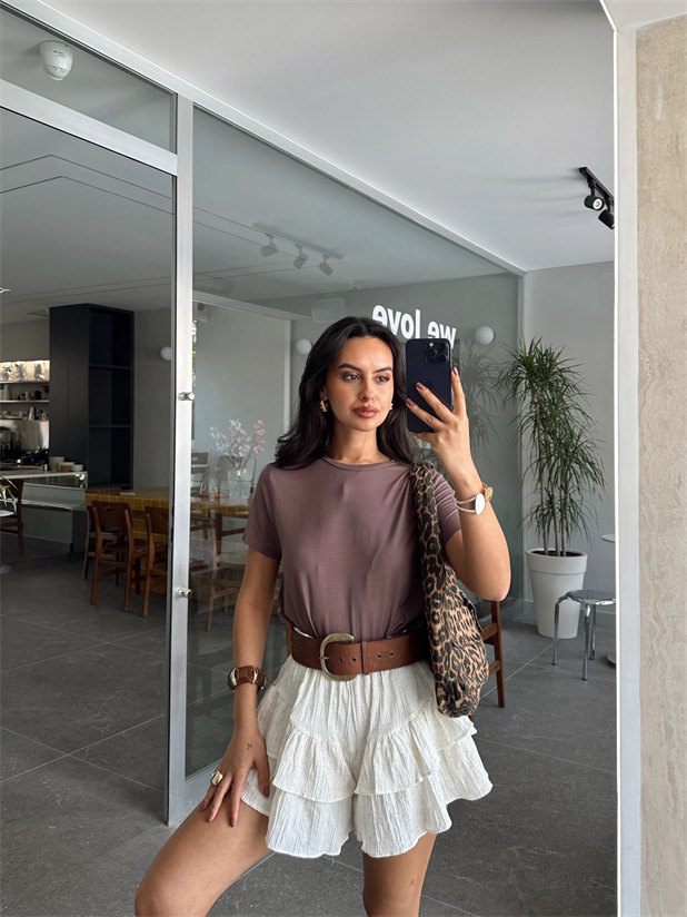 Dikişsiz Bisiklet Yaka Basic - Kahverengi