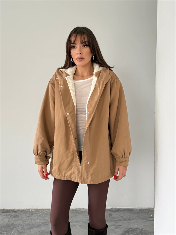 Kapüşonlu İçi Peluş Mont - Vizon